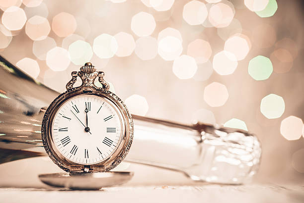 istock New Year's clock and champagne at midnight 489865524