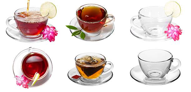 istock Collage of tea. Cup, spoon, saucer, green leaves. 489867808