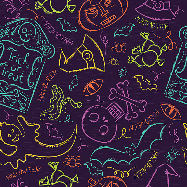 seamless pattern with color хэллоуин ghost, черепа и тыквенный - bat halloween human eye horror stock illustrations