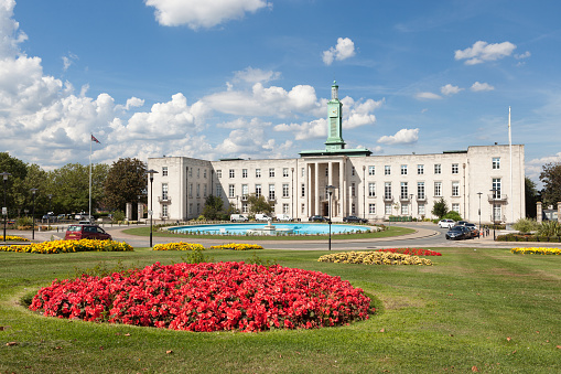 Walthamstow, UK - August 22, 2015: The art deco front exterior of Walthamstow Town Hall on a sunny, summer's day.