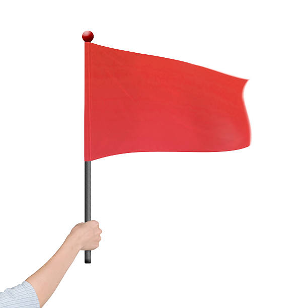 istock Woman hand holding red flag isolated on white 489868686
