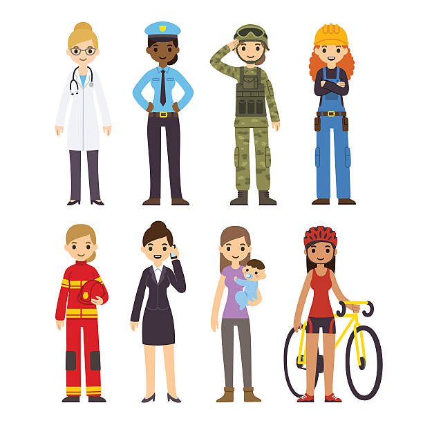 Women professions Set of diverse women of different professions: policeman, fireman, doctor, soldier, construction worker, businessman, athlete and stay at home mom. Cute cartoon vector illustration. military family stock illustrations