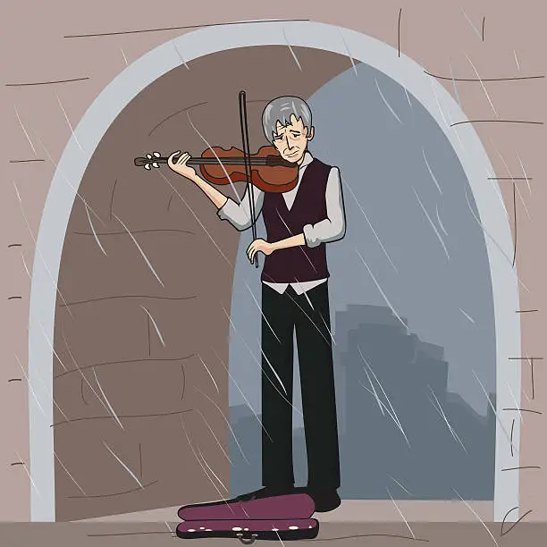 Vector illustration of old street musician playing violin