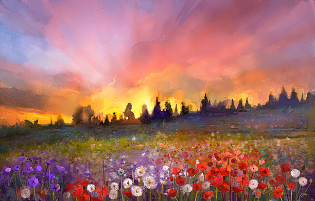 масляная живопись мака, dandelion, daisy flowers in fields - artists canvas human hand paintbrush paint stock illustrations