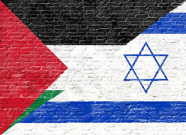 istock Israel and Palestine - National flag on Brick wall 489871486