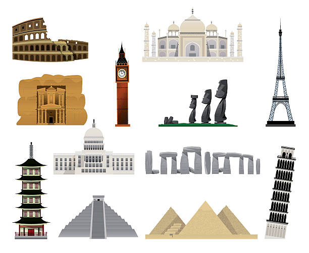 world monuments плоские значки - petra stock illustrations