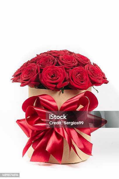 Gift Box Bow With Colorful Roses For Holiday Stock Photo - Download Image Now - 2015, Anniversary, Backgrounds
