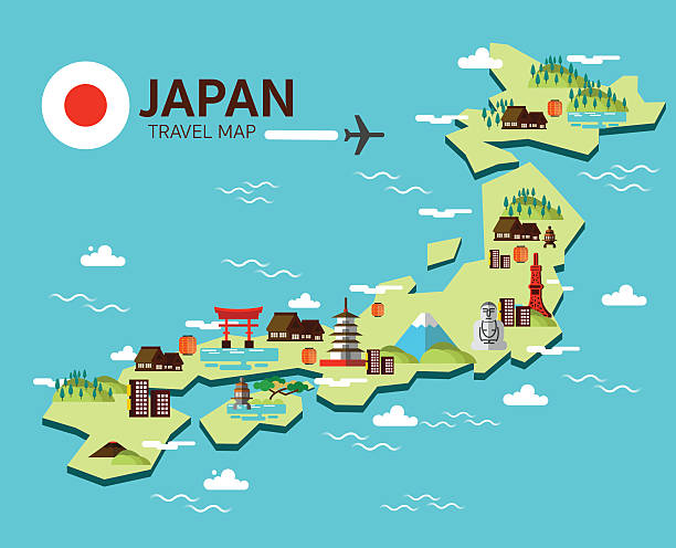 illustrazioni stock, clip art, cartoni animati e icone di tendenza di simbolo del giappone e di viaggio mappa. - giapponese illustrazioni