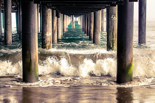 Waves crashing between the columns underneath the Santa Monica Pier with a vanishing point perspective looking out to the end of the pier.