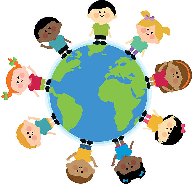 multi ethnischen gruppe von kinder stehen auf der ganzen welt - multi ethnic group world map child people stock-grafiken, -clipart, -cartoons und -symbole