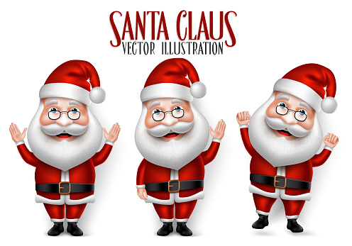 Set of 3D Realistic Santa Claus Cartoon Character for Christmas Saying Hello Isolated in White Background. Vector Illustration