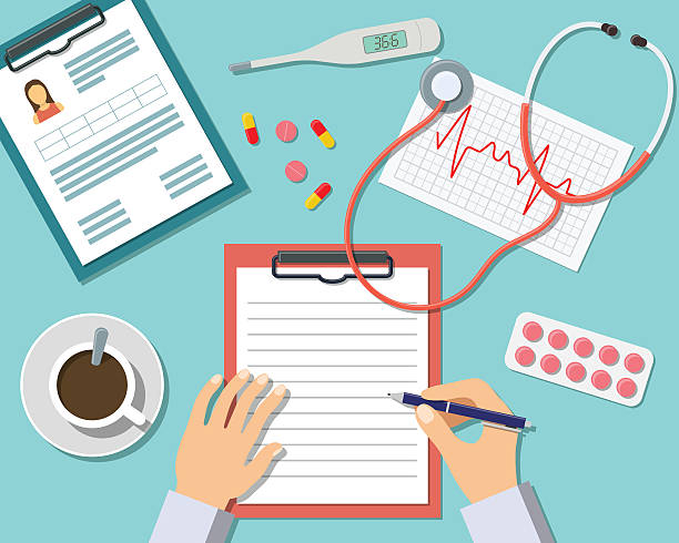 Medical Workplace Medical Workplace. Doctor working at the table in clinic. Flat Design, Vector Illustration Icons doctor utensils stock illustrations