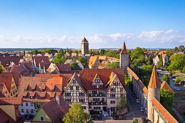 Roofs and buildings in the medieval town Rothenburg ob der Tauber.