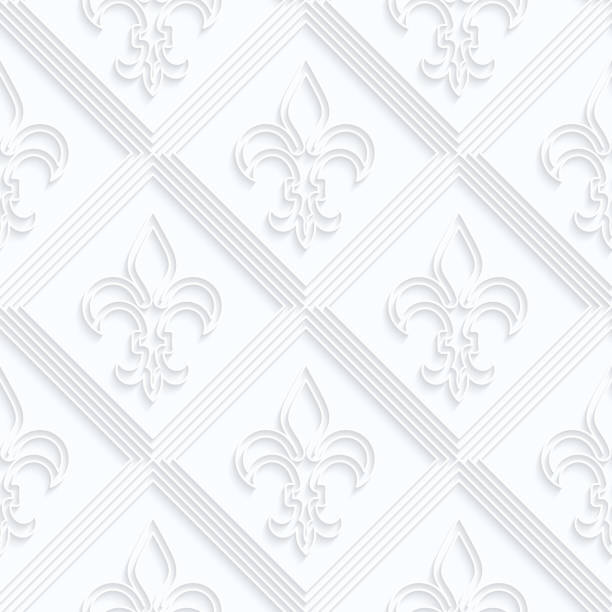 Quilling paper Fleur-de-lis with double grid Quilling paper Fleur-de-lis with double grid.White geometric background. Seamless pattern. 3d cut out of paper effect with realistic shadow. tillable stock illustrations