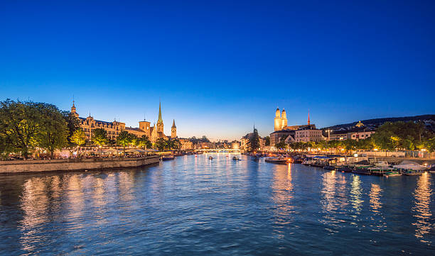 Zurich and Limmat River at dusk