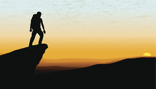 Hikers at Sunset - Pinnacle, Mountain Top, Lookout Background Hikers at Sunset - Pinnacle, Top of the Mountain, Lookout Background. Tight graphic silhouettes of hikers with backpacks and a hiking shoe. Check out my "Fitness, Exercise & Running” light box for more. trailblazing stock illustrations