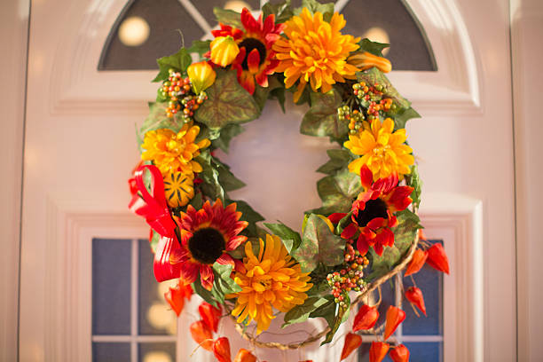 istock Autumn wreath on door. 489905934