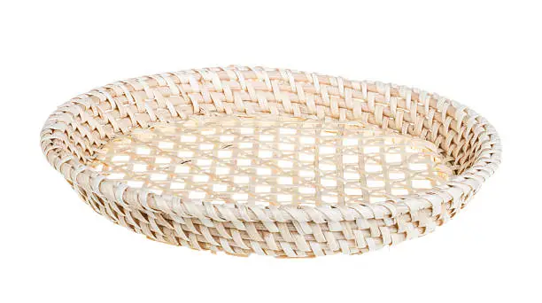 Wickerwork empty yellow breadbasket on white background