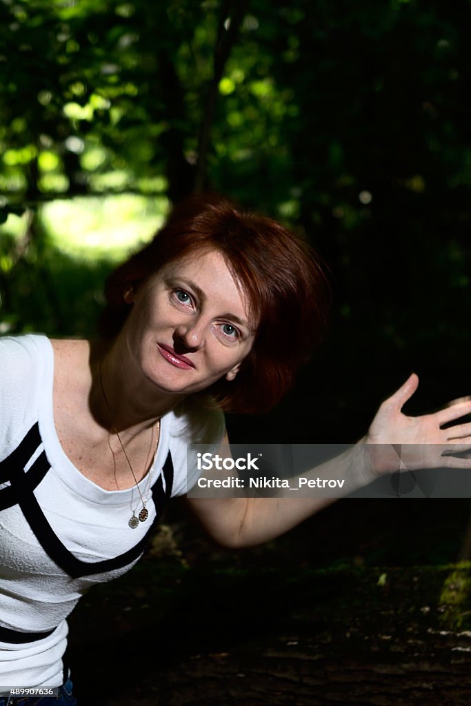 Surprised girl in the woods 2015 Stock Photo