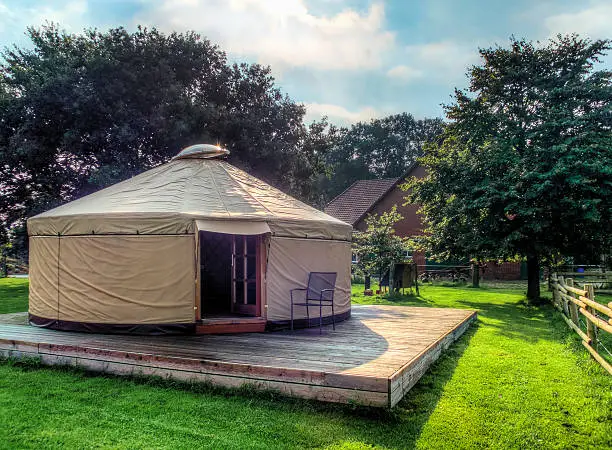 replica of a yurt in northern Germany. This yurt is rented to tourists as a place to stay and has a wood-fired oven.