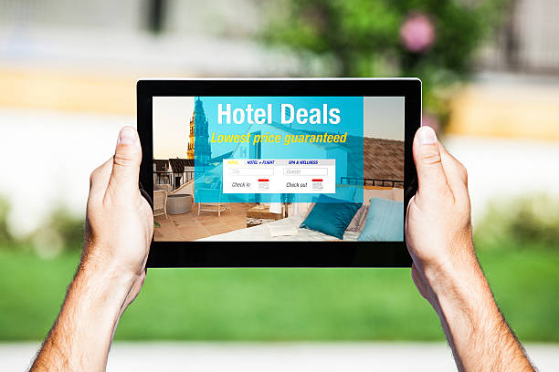 istock Hotel Deals offer on tablet. Web template design. 489908182