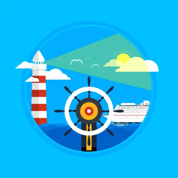 Vector illustration of Cruise ship and clear blue water. Water tourism.