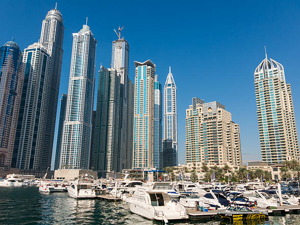 Dubai, United Arab Emirates - January 25, 2014: Motor yachts and highrise buildings in the Marina district