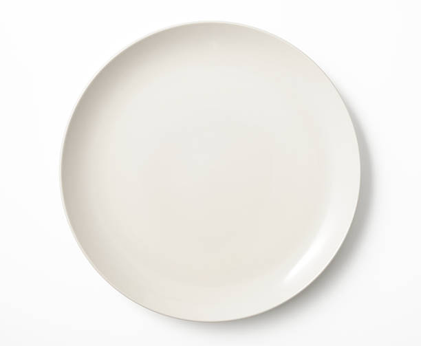 Isolated shot of empty white plate on white background