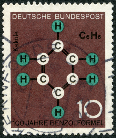 Postage stamp Germany 1964 printed in Germany shows Benzene Ring, Kekule's Formula, centenary of benzene formula by August Friedrich Kekule, circa 1964