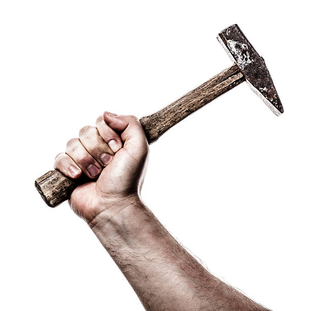 mano che tiene il martello - hammer isolated human arm holding foto e immagini stock