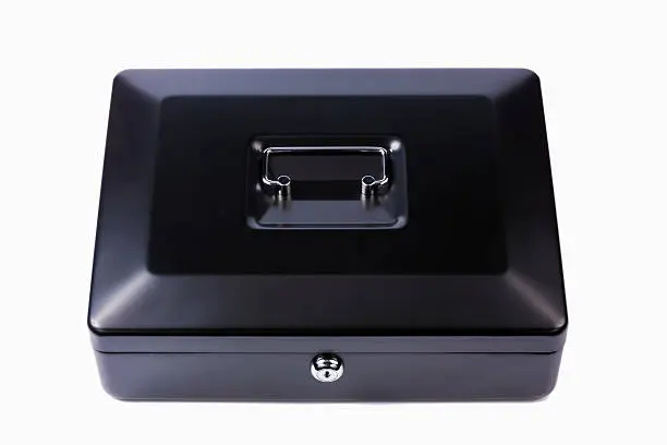 Black steel cash box on white background. Isolated
