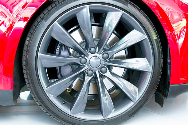 istock Closeup red car alloy wheel with carbon ceramic brake 489911838