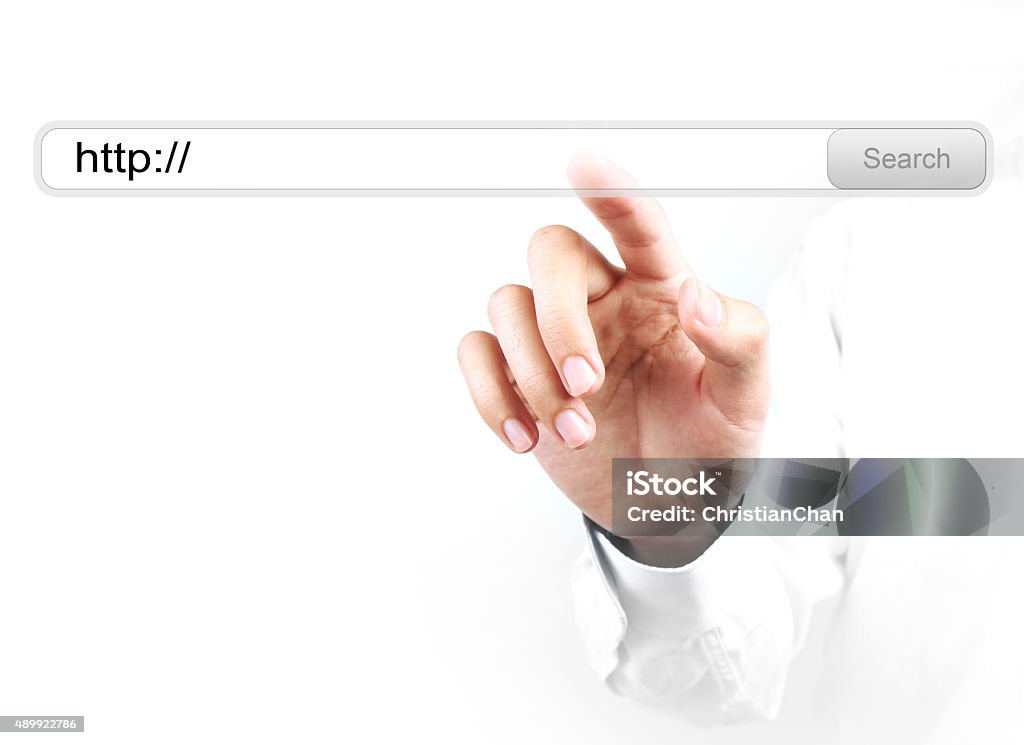 Touch http search bar Businessman is touching the http search bar with his hand isolated on white background. 2015 Stock Photo