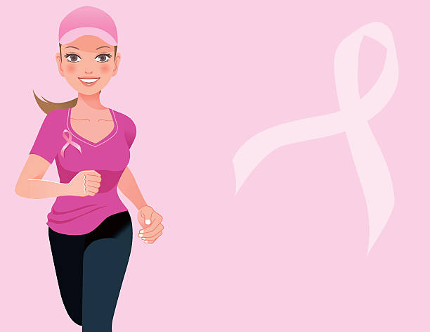 Pink ribbon concept with running woman vector art illustration