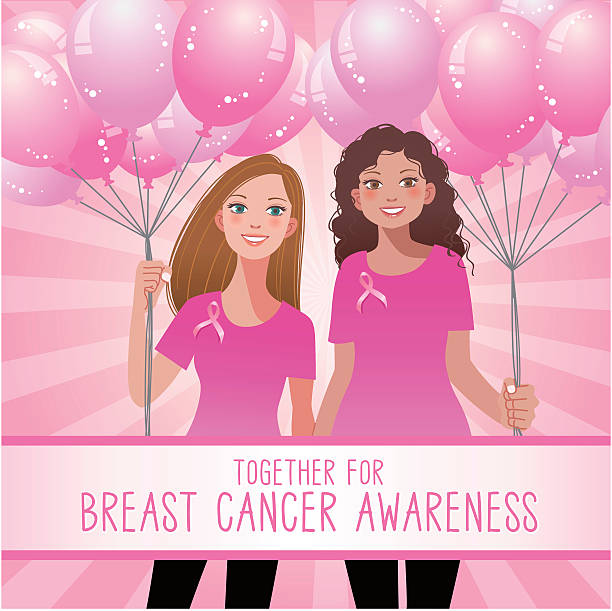 istock Pink ribbon concept - woman holding pink balloons 489927630