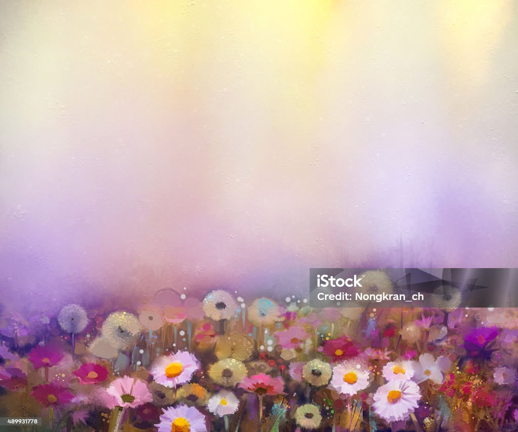 Oil painting flowers dandelion, poppy, daisy, cornflower Oil painting flowers dandelion, poppy, daisy, cornflower in fields. Hand Paint Wildflowers field in summer meadow. Spring floral seasonal nature with yellow and violet in soft color background Flower stock illustration