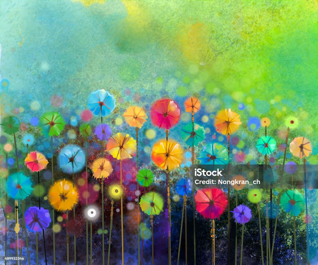 Abstract flower watercolor painting Abstract floral watercolor painting. Hand painted Yellow and Red flowers in soft color on green color background. Abstract flower paintings in the meadows. Spring flower seasonal nature background Flower stock illustration