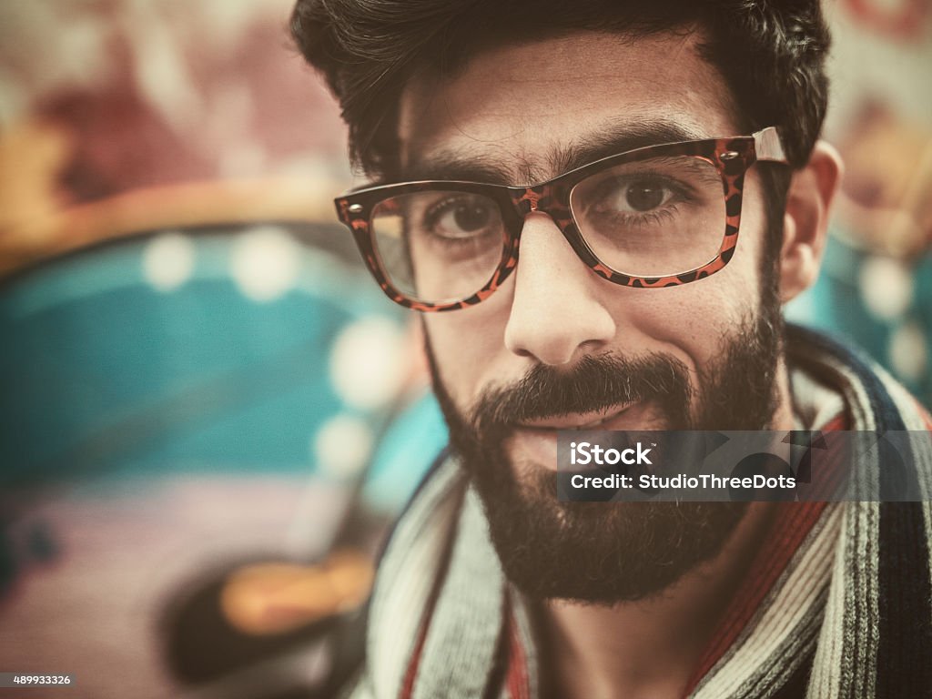 portrait of bearded man wearing glasses happy bearded creative man looking to camera 2015 Stock Photo