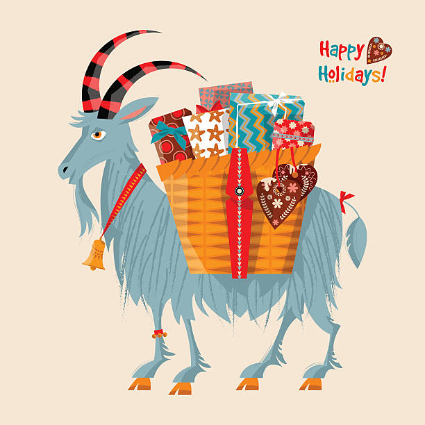 ilustraciones, imágenes clip art, dibujos animados e iconos de stock de cabra yule (símbolo) de navidad con regalo cesta. - cesta de navidad