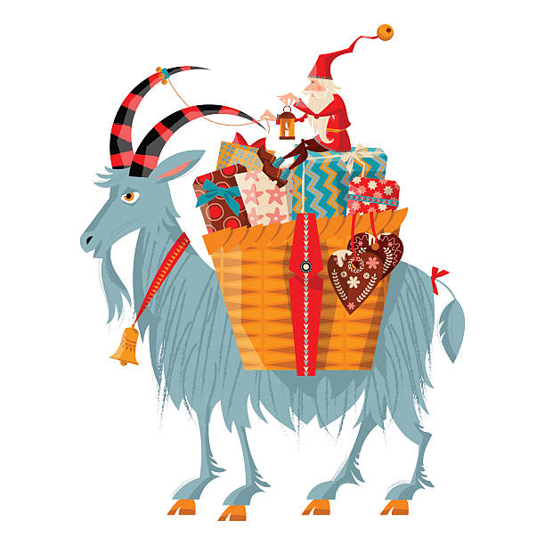 ilustraciones, imágenes clip art, dibujos animados e iconos de stock de enano de navidad y regalo de cabra yule con cesta. - cesta de navidad