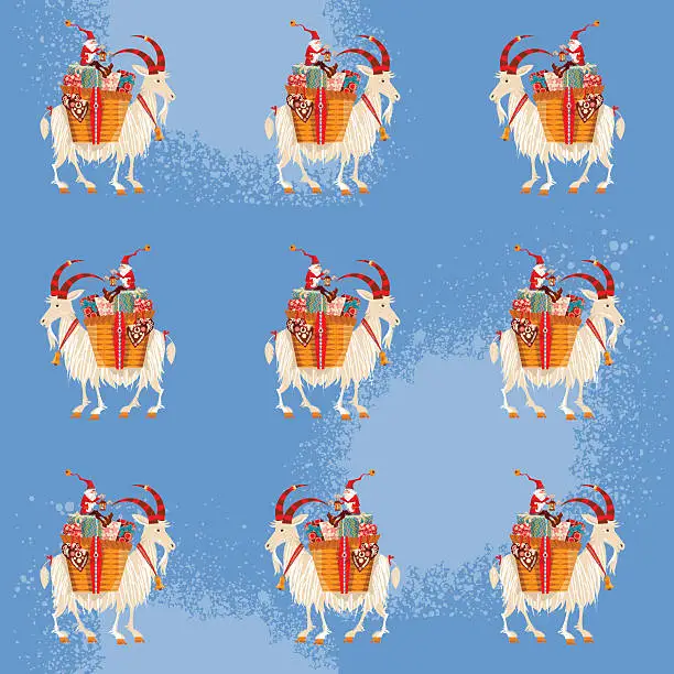 Vector illustration of Gnome and Yule goat with gift basket. Seamless background pattern.