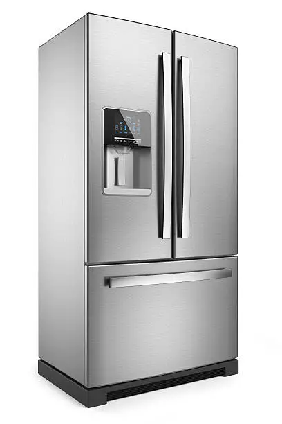 Home refrigerator. Silver home fridge isolated on white background 3d.