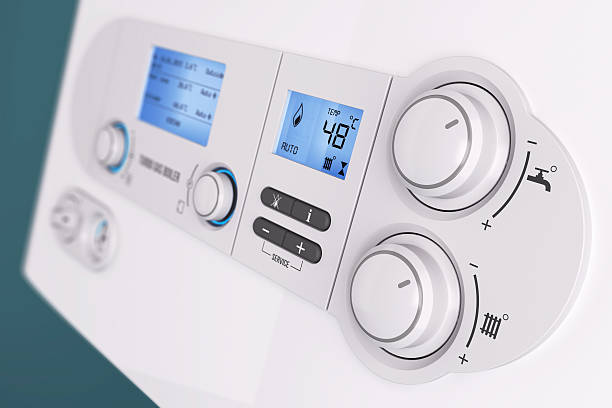 Smart control panel household gas boiler Smart control panel household gas boiler closeup 3d boiler photos stock pictures, royalty-free photos & images