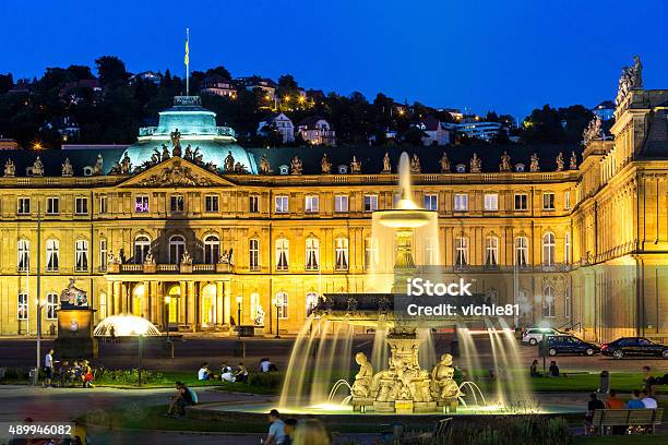 Stuttgart City Center Germany At Dusk Stock Photo - Download Image Now - Stuttgart, Fountain, Castle