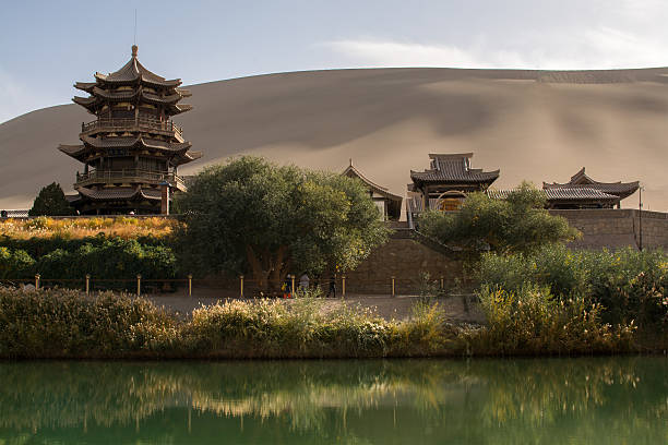 istock Chinese pavilion near Crescent Moon Lake 489946976