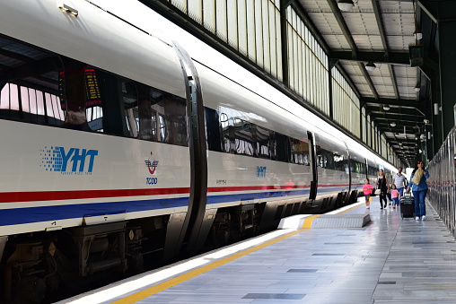 Ankara, Turkey - September 22, 2015: TCDD YHT (Yüksek Hızlı Tren - High Speed Train) is at Ankara train station. These trains go to Istanbul, Eskişehir and Konya from Ankara. The travelling speed of these trains are 250 km/s.