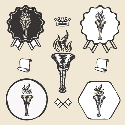 Flame torch vintage symbol emblem label collection set