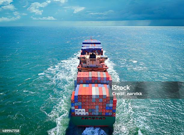 Aerial View Of Freight Ship With Cargo Containers Stock Photo - Download Image Now - Freight Transportation, Ship, Sea