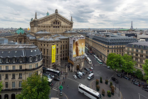 Paris, France -  May 29, 2015: Aerial view of Paris with opera building from roof terrace of Lafayette department store 