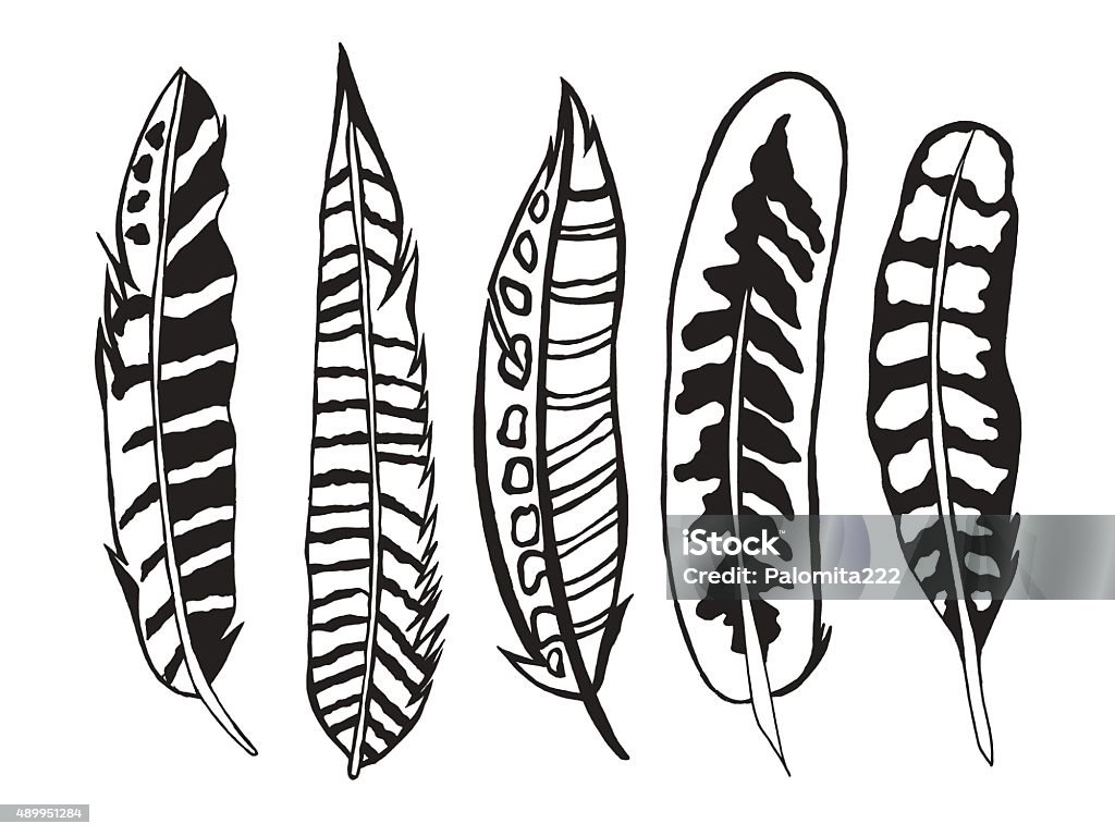 Tribal feathers set Tribal feathers set. Black white hand drawn doodle. Ethnic patterned vector illustration. African, indian, totem, tribal design. Sketch for coloring page, tattoo, poster, print or t-shirt. 2015 stock vector